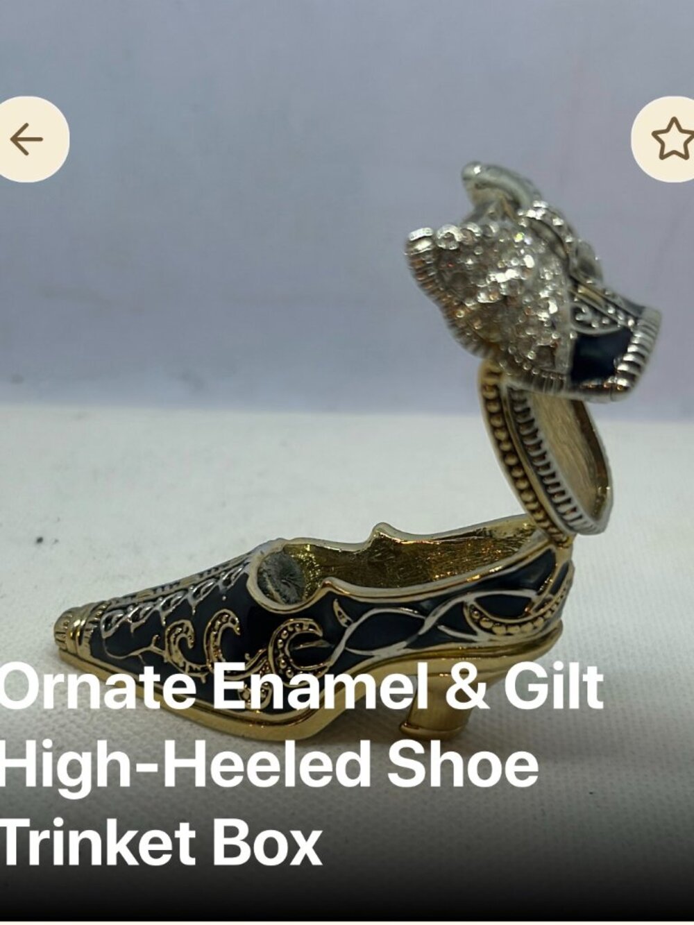 Beautiful! Ornate Enamel & Gilt High-Heeled Shoe Hinged Trinket Box ~ 2" T x 3"W